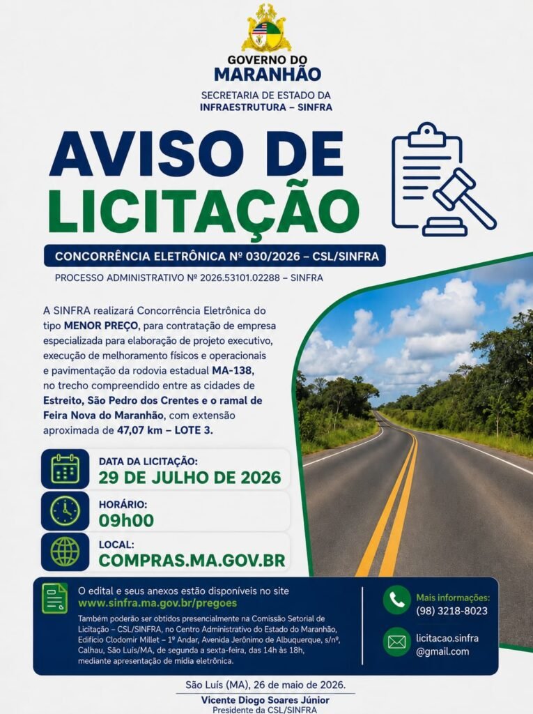 MA-138: Governo do Estado lança edital de licitação para asfaltamento da estrada entre Estreito e São Pedro dos Crentes